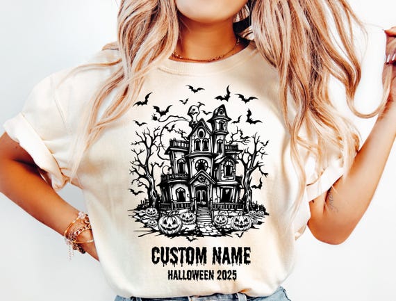 Personalized Haunted House Halloween Tee, Custom Name Spooky Mansion Shirt, Scary Ghosts and Pumpkins T-Shirt, Halloween 2025 Top