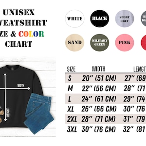 Puede incluir: Una tabla de tallas y colores de sudaderas unisex. La tabla muestra las medidas de ancho y largo en pulgadas (y cm) para las tallas S a 3XL. Las opciones de color incluyen blanco, negro, gris deportivo, gris oscuro jaspeado, arena, verde militar, rosa y rojo.