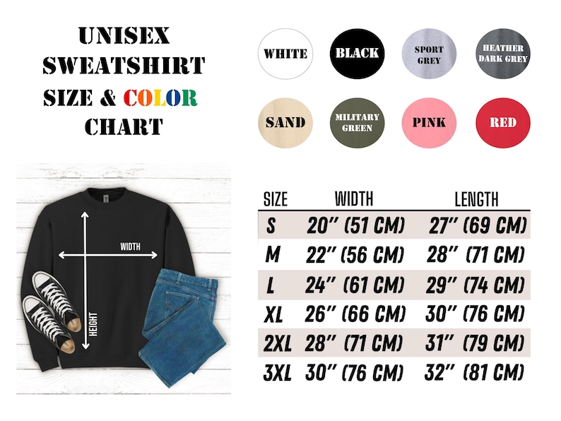 Puede incluir: Una tabla de tallas y colores de sudaderas unisex. La tabla muestra las medidas de ancho y largo en pulgadas (y cm) para las tallas S a 3XL. Las opciones de color incluyen blanco, negro, gris deportivo, gris oscuro jaspeado, arena, verde militar, rosa y rojo.