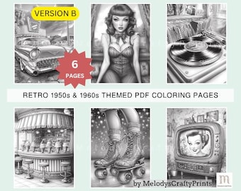 1950s-60s Retro Coloring Pages: Classic Cars & Fashion (Set of 6, PDF Download) - Version B