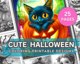 Cute Halloween Grayscale Coloring Pages for Adults Whimsical Spooky Season Instant Download Printables + BONUS Colored Designs Set of 25