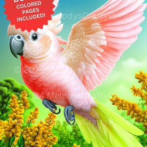 May include: A digital illustration of a pink and white cockatoo with its wings spread. The bird has a crest and a black beak. The background is a gradient of blue and green with yellow flowers. Text on the image reads "BONUS COLORED PAGES INCLUDED!"