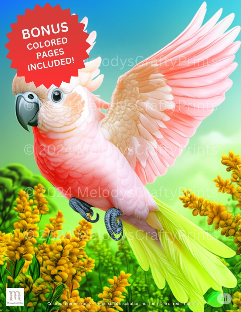 May include: A digital illustration of a pink and white cockatoo with its wings spread. The bird has a crest and a black beak. The background is a gradient of blue and green with yellow flowers. Text on the image reads "BONUS COLORED PAGES INCLUDED!"