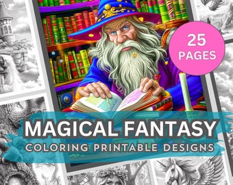 Fantasy Grayscale Coloring Pages: Fairies, Unicorns, Mythical Creatures (PDF Download Set of 25)