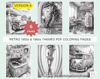 Retro Diner & Cars Coloring Pages: 50s-60s Grayscale Art (PDF Download Set of 6 - Version A)