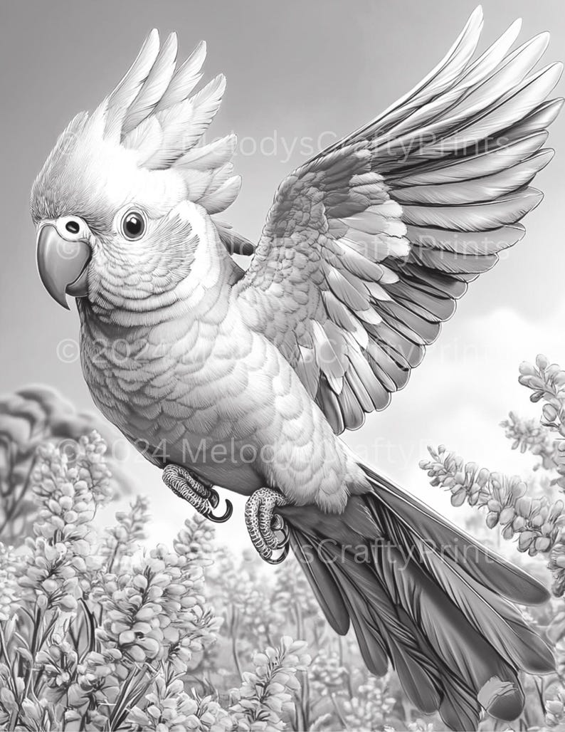 May include: A grayscale illustration of a cockatoo with its wings spread, perched among flowering plants. The bird has a prominent crest and detailed feathering. The image includes the text "&copy; 2024 Melody's Crafty Prints."