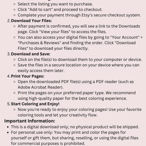 May include: A light pink graphic with instructions on how to purchase and download a PDF file from Etsy. The text includes steps for purchasing, downloading, saving, and printing the file, along with important information about digital downloads.