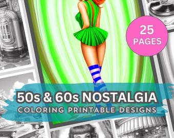 Retro 50s 60s Coloring Pages: Classic American Diner & Cars (PDF Download)