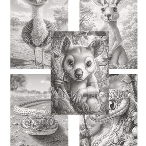 May include: Black and white pencil drawing of Australian animals, including an emu, kangaroo, koala, and snake. The image also includes the text "&copy; 2024 MelodysCraftyPrints".