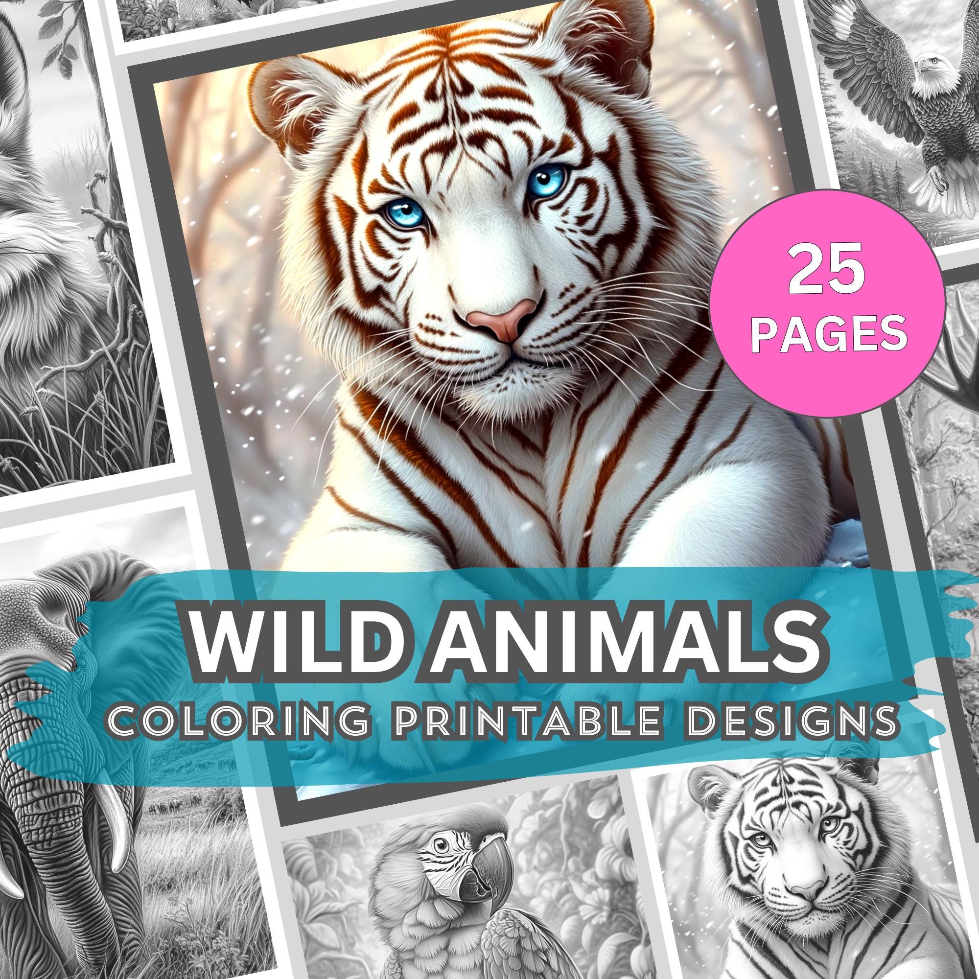 Wild Animals Grayscale Coloring Pages for Adults - Safari, Jungle