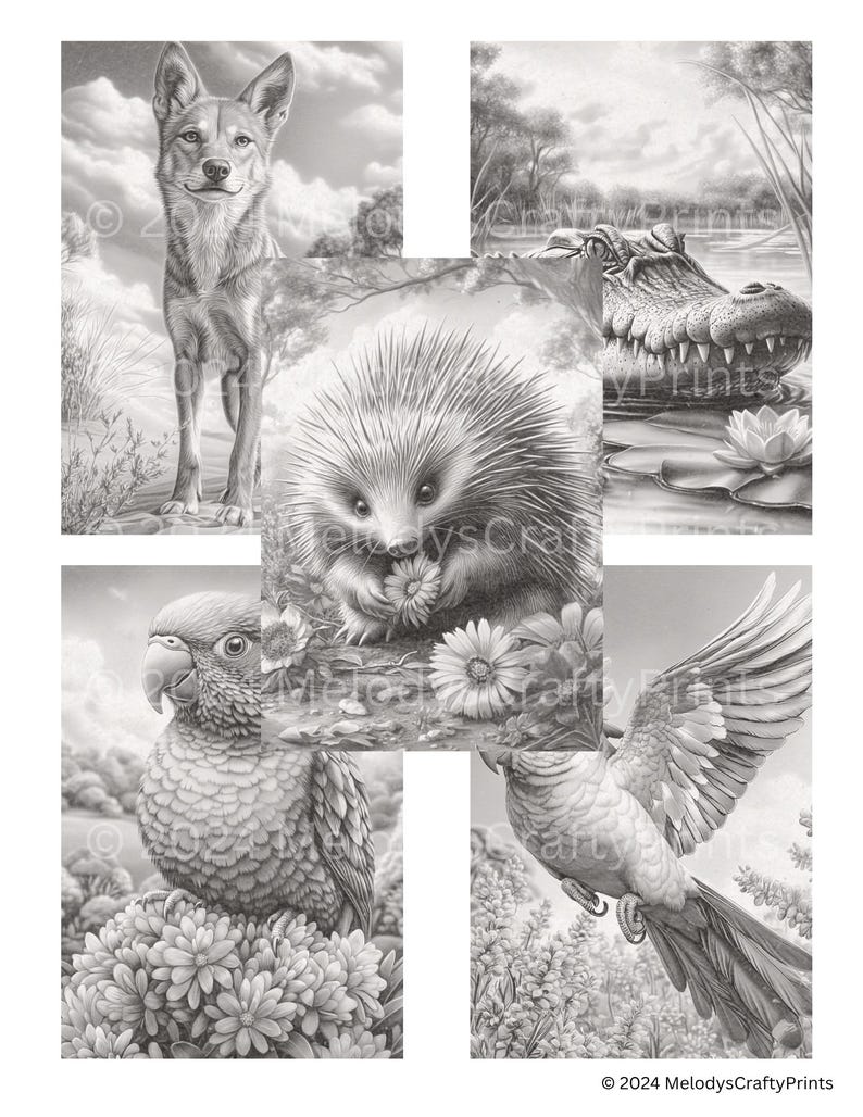 May include: A grayscale collage featuring detailed pencil drawings of wildlife. The images include a coyote, an alligator, a hedgehog, and two parrots. The artwork is set against a backdrop of natural environments, with floral and foliage elements.