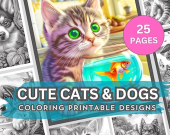 Cats and Dogs Coloring Pages: Grayscale Pet Designs (PDF Download)