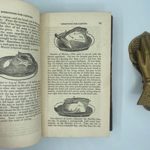 Puede incluir: Libro abierto con ilustraciones y texto sobre el corte de carne. La p&aacute;gina de la derecha muestra diagramas de un hombro de cordero y un cuarto delantero de cordero, con etiquetas e instrucciones. El texto describe t&eacute;cnicas de corte.
