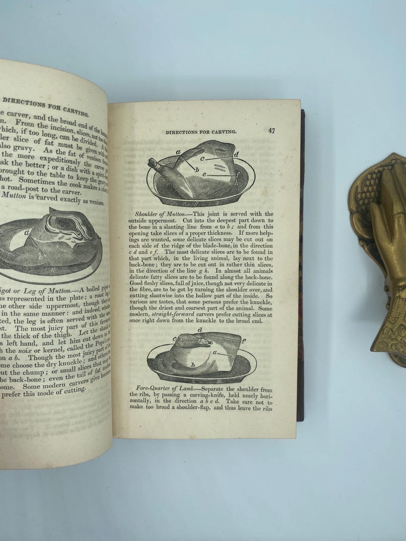 Puede incluir: Libro abierto con ilustraciones y texto sobre el corte de carne. La p&aacute;gina de la derecha muestra diagramas de un hombro de cordero y un cuarto delantero de cordero, con etiquetas e instrucciones. El texto describe t&eacute;cnicas de corte.