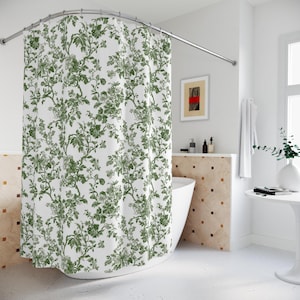 Green Toile Elegance Shower Curtains, Botanical Bathroom Decor, Nature Inspired Home, Floral Bath Curtain, Vintage Farmhouse Style
