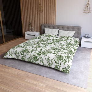 Microfiber Duvet Cover - Green Toile Design, Bedding Set, Comforter Cover, Bedroom Decor, Vintage Style, Home Textiles