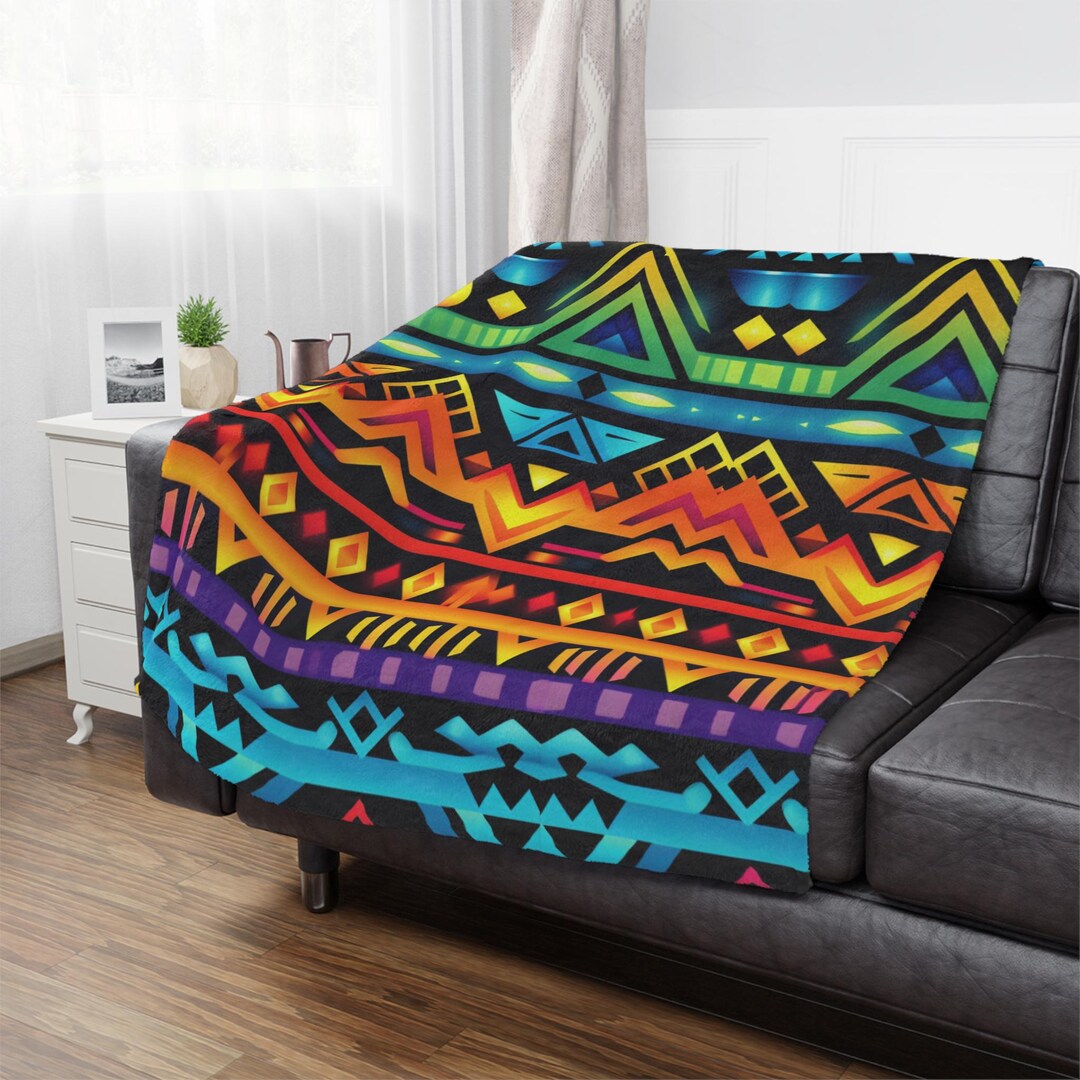 Minky Blanket - Aztec Rainbow Design, Cozy Throw Blanket, Vibrant Boho ...