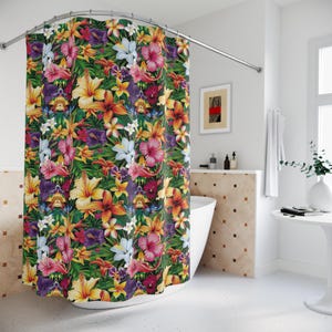 Hawaiian Floral Shower Curtains - Tropical Bathroom Decor, Exotic Flower Design, Beach House Shower Curtain, Floral Bath Curtain, Bathroom