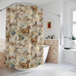 Wild Horses Shower Curtains, Western Watercolor Bathroom Decor, Rustic Horse Theme Home Goods, Country Shower Curtain, Cowboy Cowgirl Bath