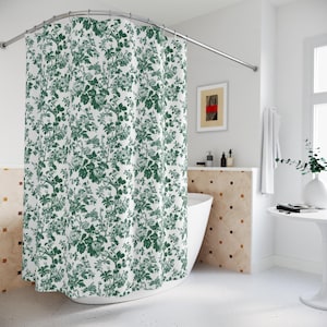 Green Toile Shower Curtains, Bathroom Decor, Botanical Pattern Bath Curtain, Nature Inspired Home Accessories, Farmhouse Chic Bath Decor