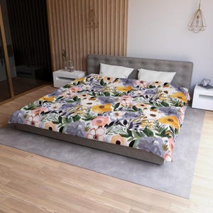 Purple Garden Blossoms Microfiber Duvet Cover, Floral Bedding Set, Flower Print Comforter Cover, Botanical Bedroom Decor, Nature Inspired