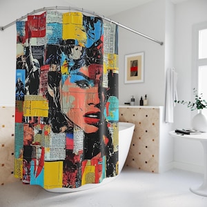 Pop Art Collage Shower Curtain - Colorful Bathroom Decor, Retro Fabric Bath Curtain, Unique Home Accessories, Fun Housewarming Gift,