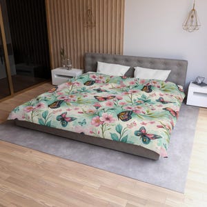 Floral Butterfly Microfiber Duvet Cover - Whimsical Bedding, Spring Decor, Bedroom Makeover, Gift for Her, Cozy Home