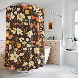 Shower Curtains - Retro Flower Design, Floral Bathroom Decor, Vintage Shower Curtain, Botanical Bath Curtain, Boho Home Decor, Hippie Style