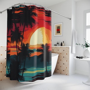Tropical Sunset Shower Curtain, Bathroom Decor, Beach Vibes, Holiday Gift, Summer Aesthetic, Ocean Theme