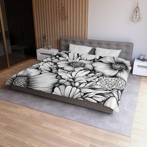 Floral Microfiber Duvet Cover, Black and White Botanical Bedding, Elegant Floral Bedroom Decor, Modern Botanical Home Textile, Monochrome