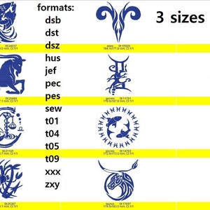 Zodiac sign embroidery designs, set of all zodiac signs machine embroidery, 3 sizes of each zodiac, zodiac symbols computer embroidery