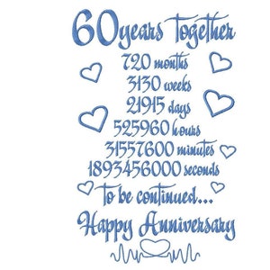 60 years together machine embroidery design, cheers to 60 years together computer embroidery program, diamond wedding, anniversary ornament