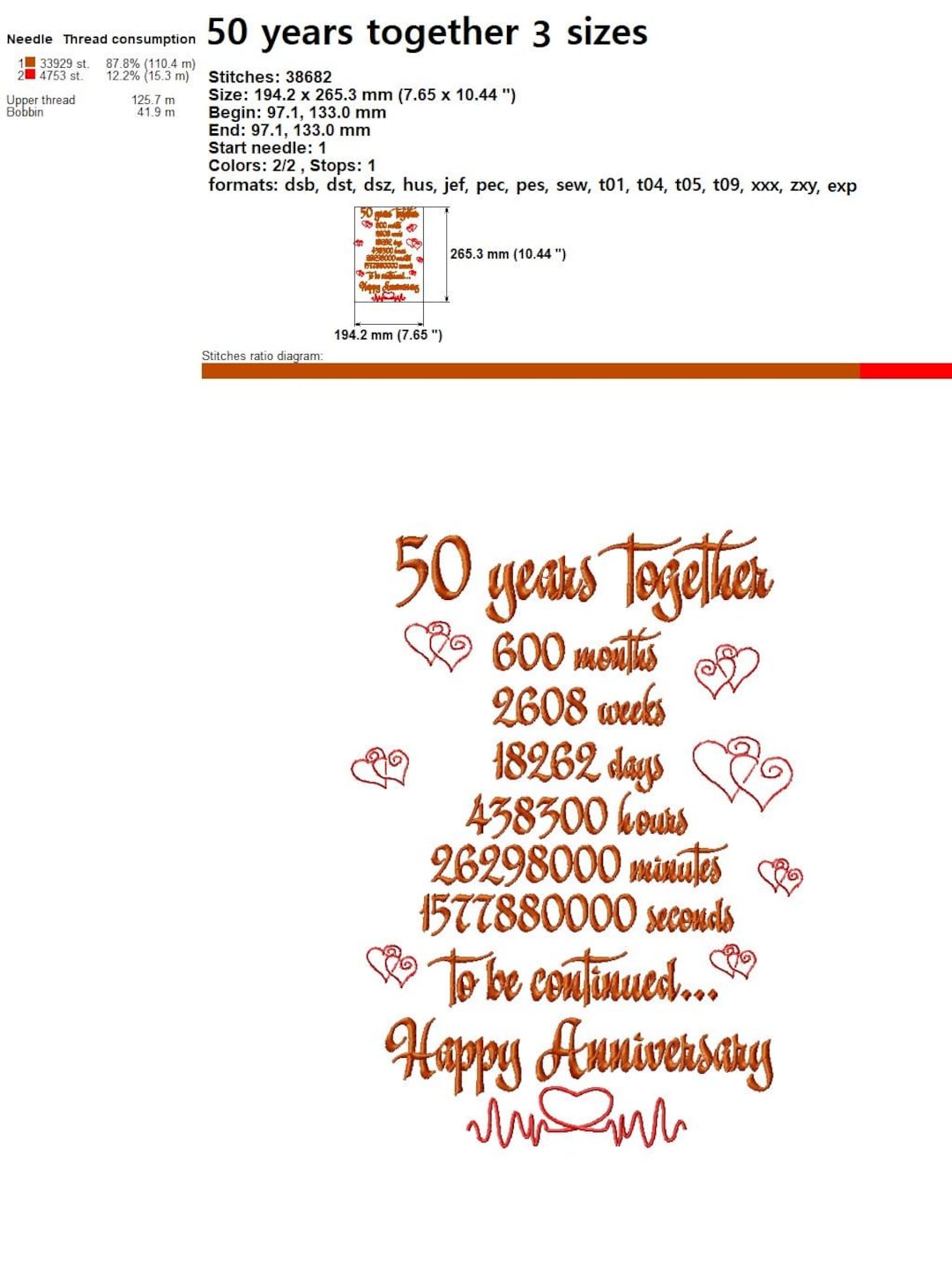 50th Anniversary Embroidery Design, Golden Wedding Gift (digital