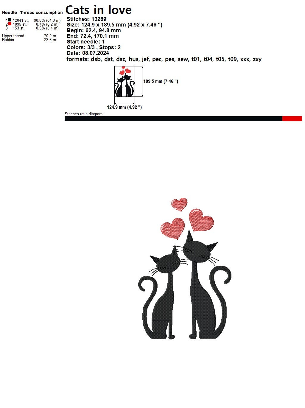 Cats in Love Embroidery Design, Feline Hearts (digital Download