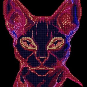 May include: A digital art illustration of a cat's face in a pixelated style. The cat's fur is a dark purple and pink color, with a black nose and eyes. The background is black.