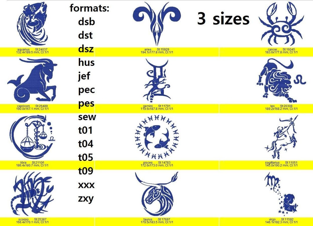 Zodiac Signs Bundle Embroidery Designs, All 12 Signs (digital Download ...
