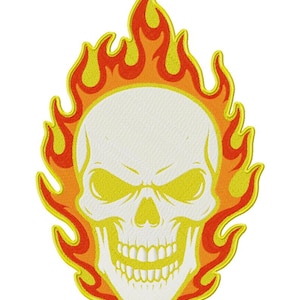 Skull in Flame Patch Embroidery design, Flaming Skull Machine Embroidery File, Fire Skeleton Computer Embroidery Pattern, Large Skull