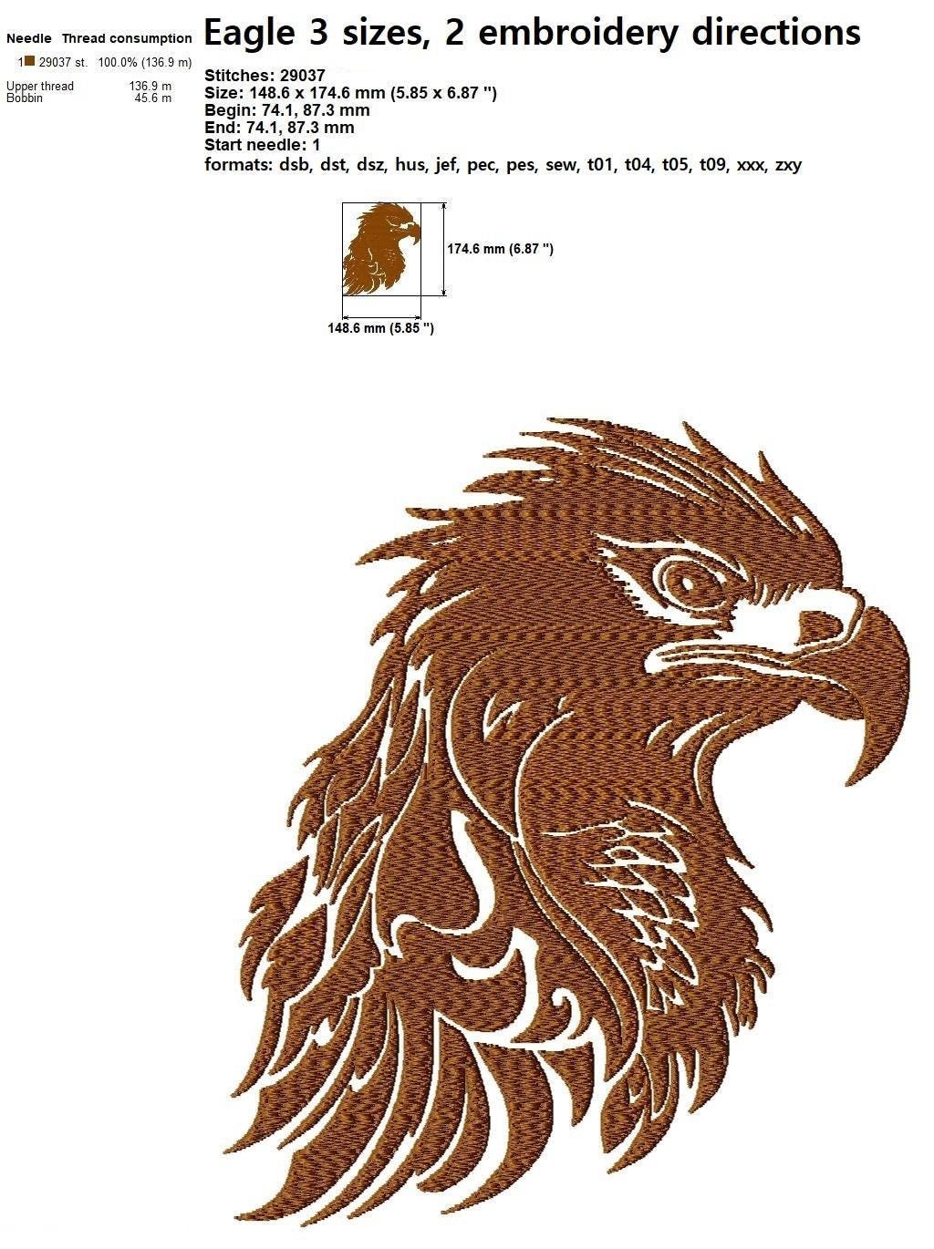 Eagle Head Embroidery Design, Bird Machine Embroidery (digital