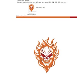 Motif de broderie tête de mort enflammé, fichier Machine informatisé, motif de broderie tête de mort en flammes