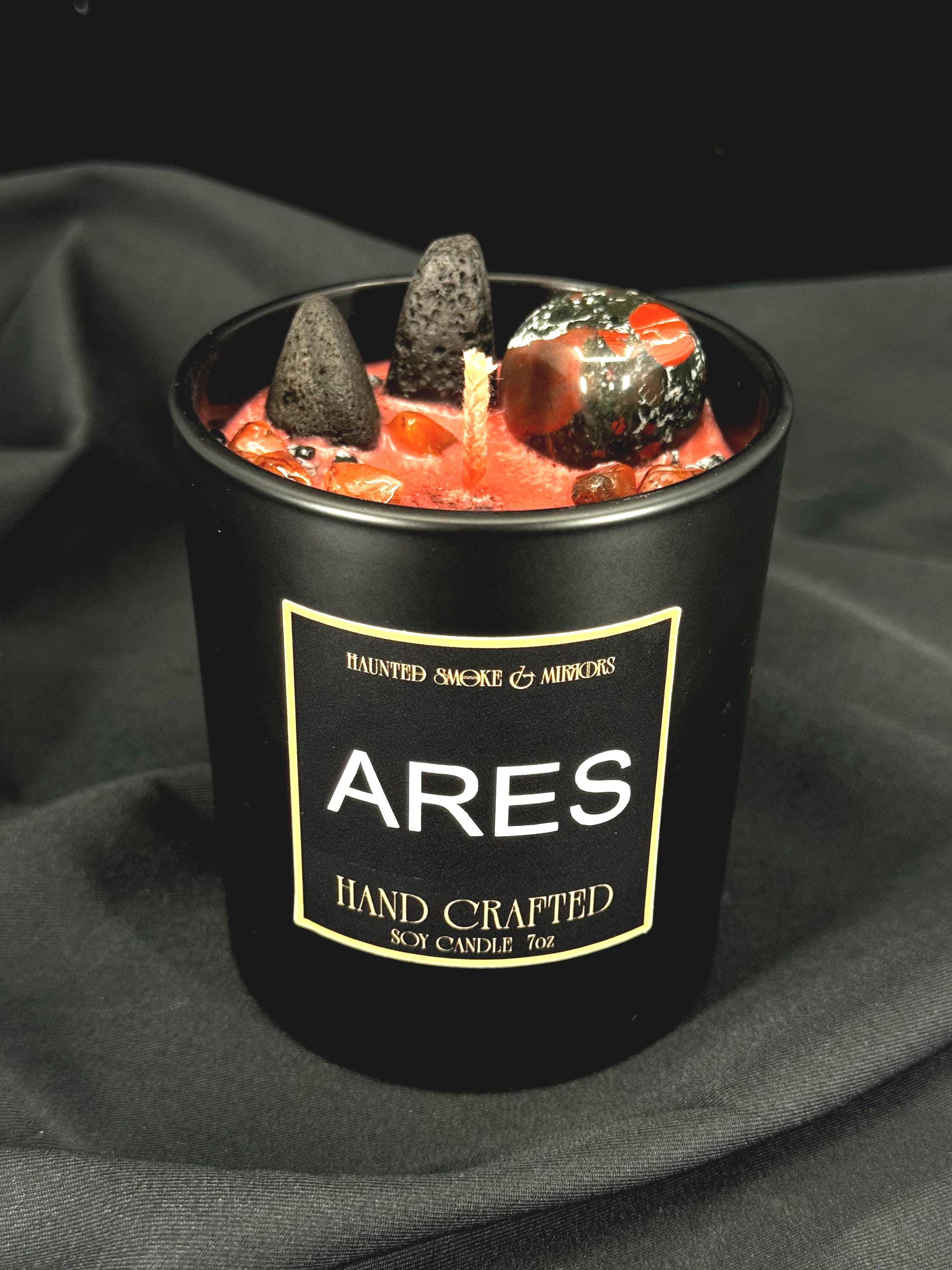 Ares Crystal Candle | War and Strength Deity Candle with Lava Stone & Bloodstone | Leather Scent | Intuitive Deity Candle by Psychic Mediums