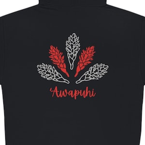 May include: Black zippered hoodie with a white and red graphic of a flower with the text 'Awapuhi' on the back.