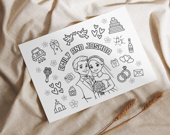 Wedding coloring page or placemat for kids - printable pdf with personalization!