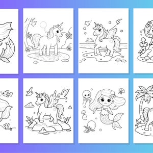 May include: A set of six black and white coloring pages featuring mermaids and unicorns. The mermaids are depicted with long flowing hair and tails, while the unicorns have horns, wings, and flowing manes. The coloring pages are perfect for children who enjoy fantasy and mythical creatures.