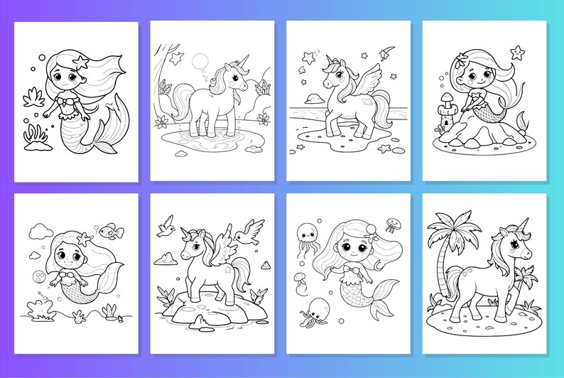 May include: A set of six black and white coloring pages featuring mermaids and unicorns. The mermaids are depicted with long flowing hair and tails, while the unicorns have horns, wings, and flowing manes. The coloring pages are perfect for children who enjoy fantasy and mythical creatures.