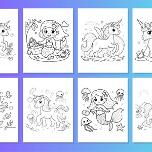 May include: A set of eight black and white coloring pages featuring mermaids, unicorns, and sea creatures. The pages are perfect for kids who love to color and dream of magical creatures.