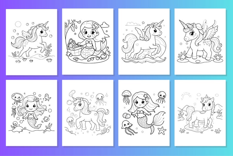 May include: A set of eight black and white coloring pages featuring mermaids, unicorns, and sea creatures. The pages are perfect for kids who love to color and dream of magical creatures.