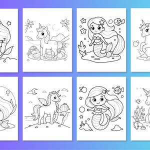 May include: A set of eight black and white coloring pages featuring mermaids and unicorns. The mermaids are wearing seashells and have long flowing hair. The unicorns have horns and wings. The coloring pages are perfect for children who love to color.