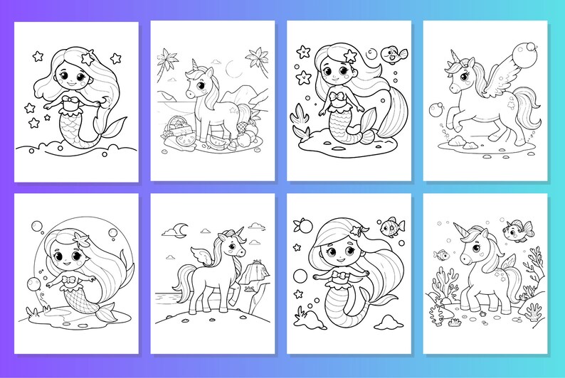 May include: A set of eight black and white coloring pages featuring mermaids and unicorns. The mermaids are wearing seashells and have long flowing hair. The unicorns have horns and wings. The coloring pages are perfect for children who love to color.