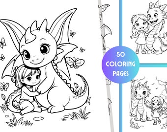 Kawaii girls and dragons! 50 coloring pages featuring cute characters, easy and bold lineart, pdf and png printable coloring book for kids