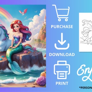 May include: A digital coloring page featuring a mermaid with long red hair sitting on a rock with a unicorn. The mermaid is wearing a purple and green seashell bra and a green tail. The unicorn is white with a rainbow mane and tail. The background is a blue ocean with a rainbow in the sky.